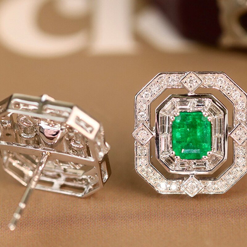18K White Gold Emerald and Diamond Earrings for Women