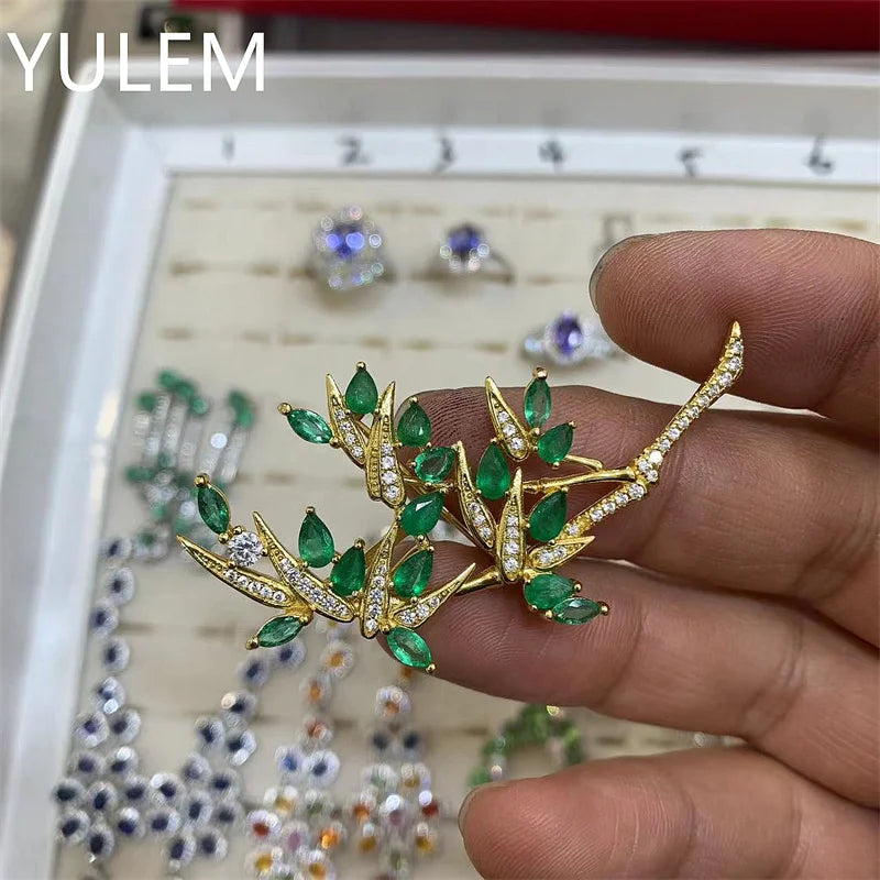 925 Sterling Silver Natural Emerald Brooch with Bamboo Leaves for Women