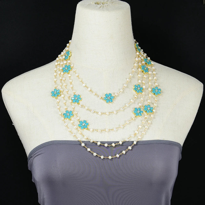 Gold Plated Natural White Pearl and Blue Jade Crystal Flower Necklace for Women