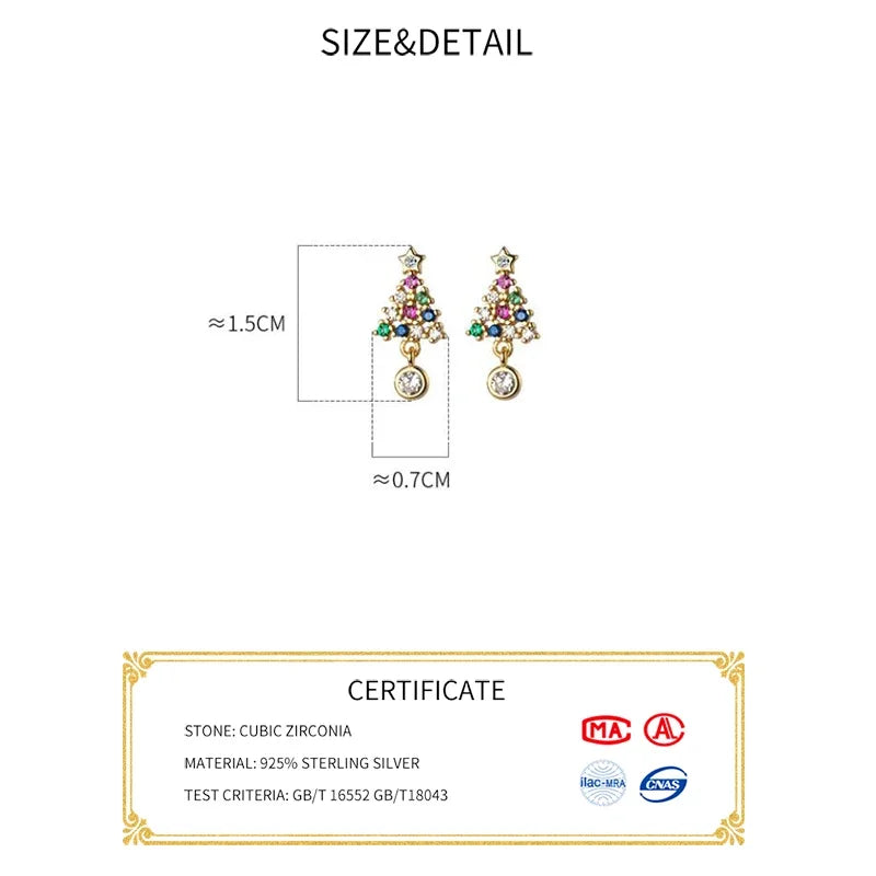 925 Sterling Silver Zircon Christmas Tree Bell Earrings for Women