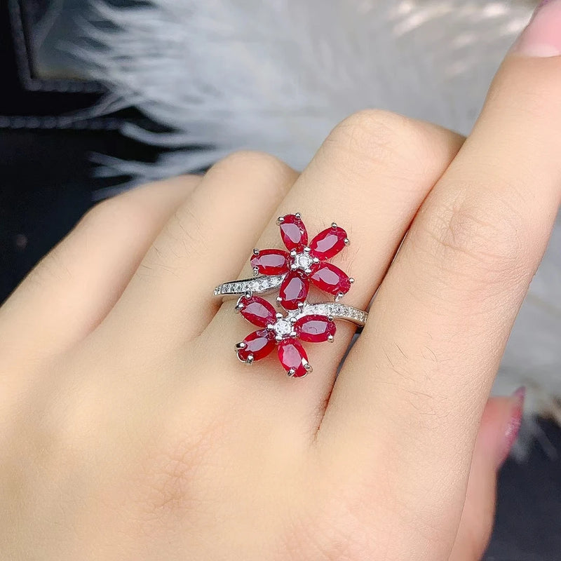 925 Sterling Silver Natural Ruby Double Flower Ring for Women