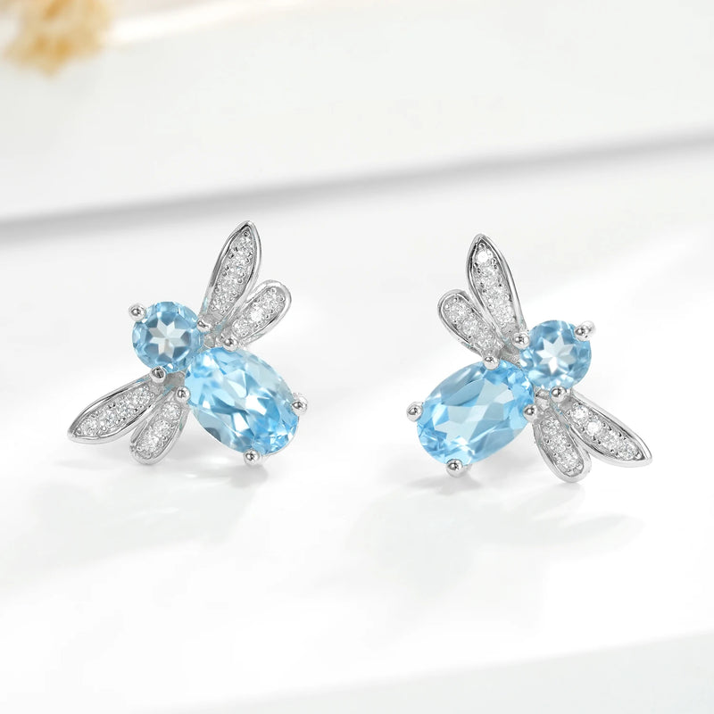 Sterling Silver Bee Stud Earrings with Blue Topaz for Women