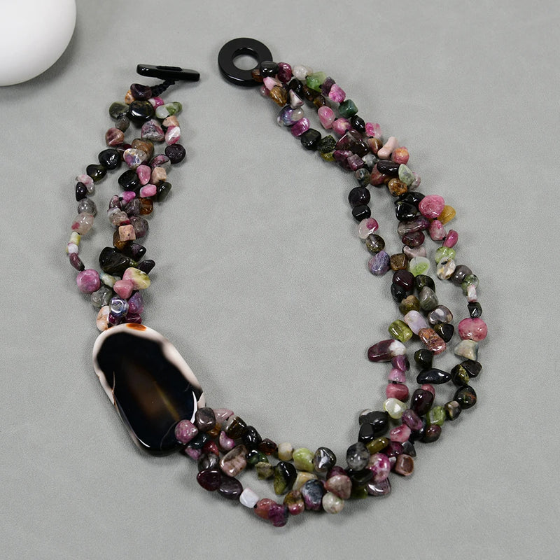 Sterling Silver Natural Tourmaline Agate Multi Strand Necklace for Women