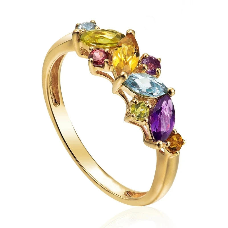 9K Yellow Gold Sky Blue Topaz, Peridot, Citrine, Amethyst & Garnet Engagement Ring for Women