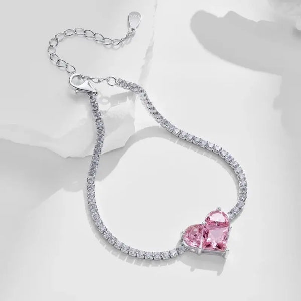 Sterling Silver Diamond Pink Heart Tennis Bracelet for Women