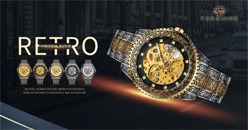 Stainless Steel Gold Automatic Mechanical Watch for Men