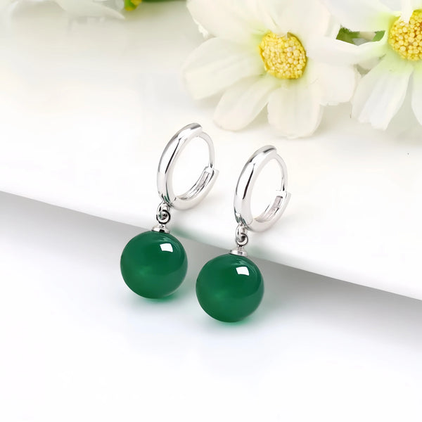 Sterling Silver Green Agate Round Dangle Earrings for Women