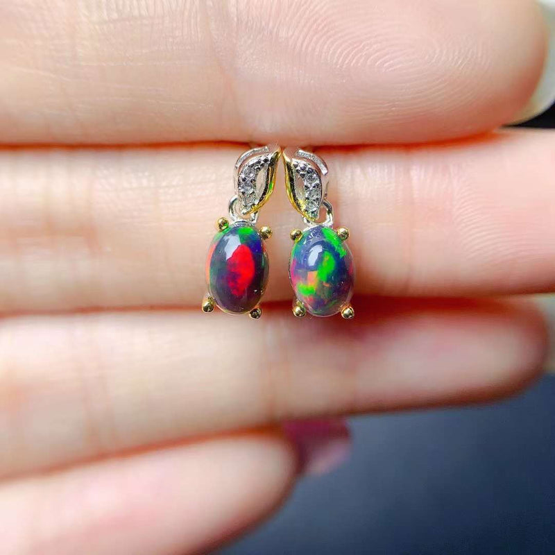 925 Sterling Silver Black Opal Earrings with Fire Colors for Women