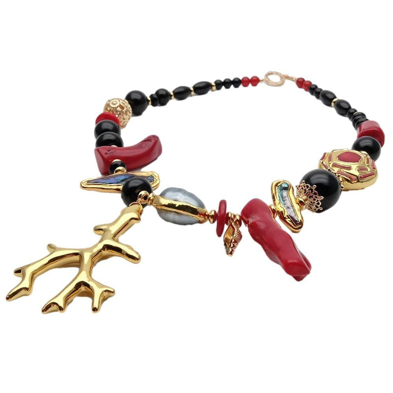 Y.YING Cultured Black Biwa Pearl Red Coral Onyx Choker Necklace Fashion Women Necklace Gifts