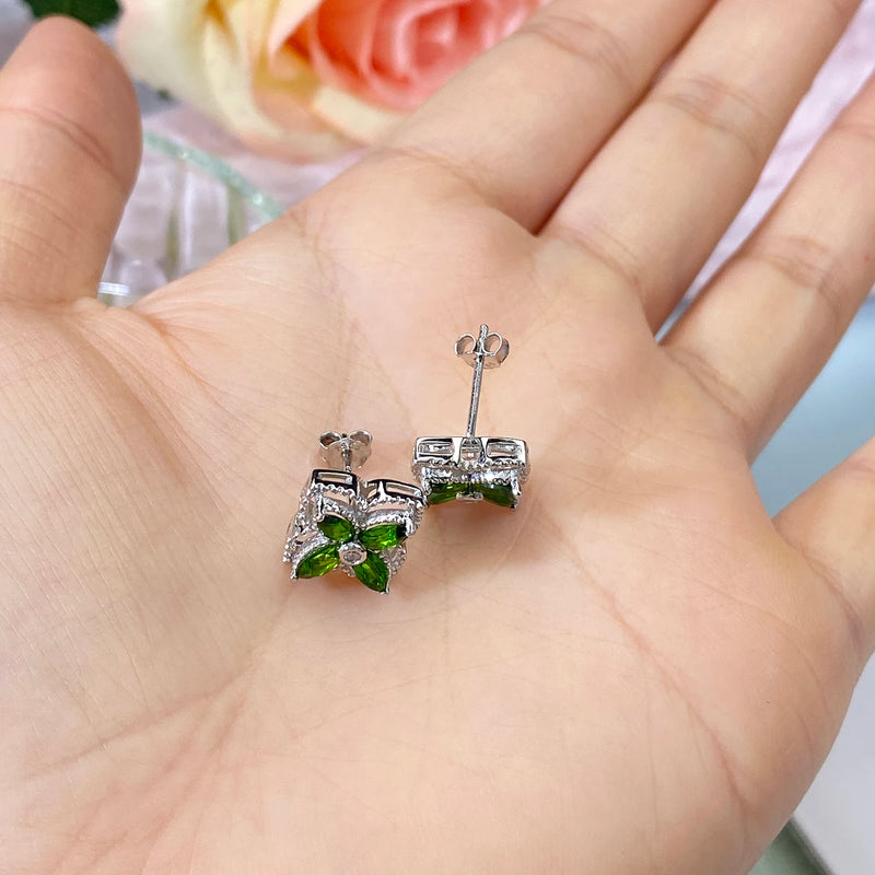 925 Silver Natural Mariquesa Diopside Stud Earrings with Four Leaf Clover Flower Design for Women