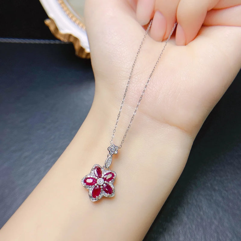 Sterling Silver Natural Ruby Flower Pendant Necklace for Women