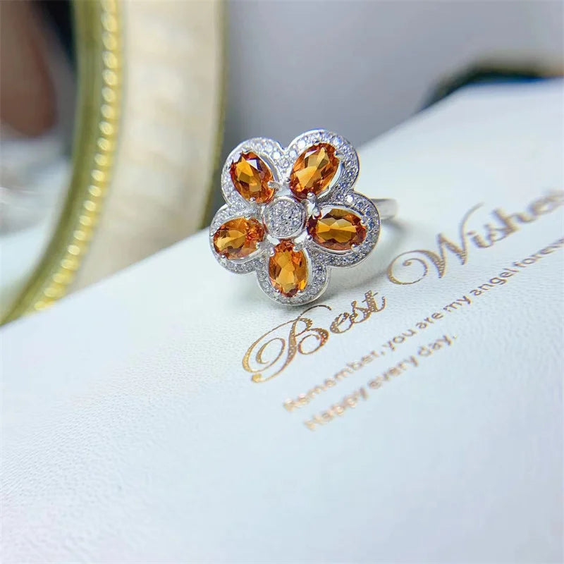 925 Sterling Silver Natural Citrine Flower Ring for Women