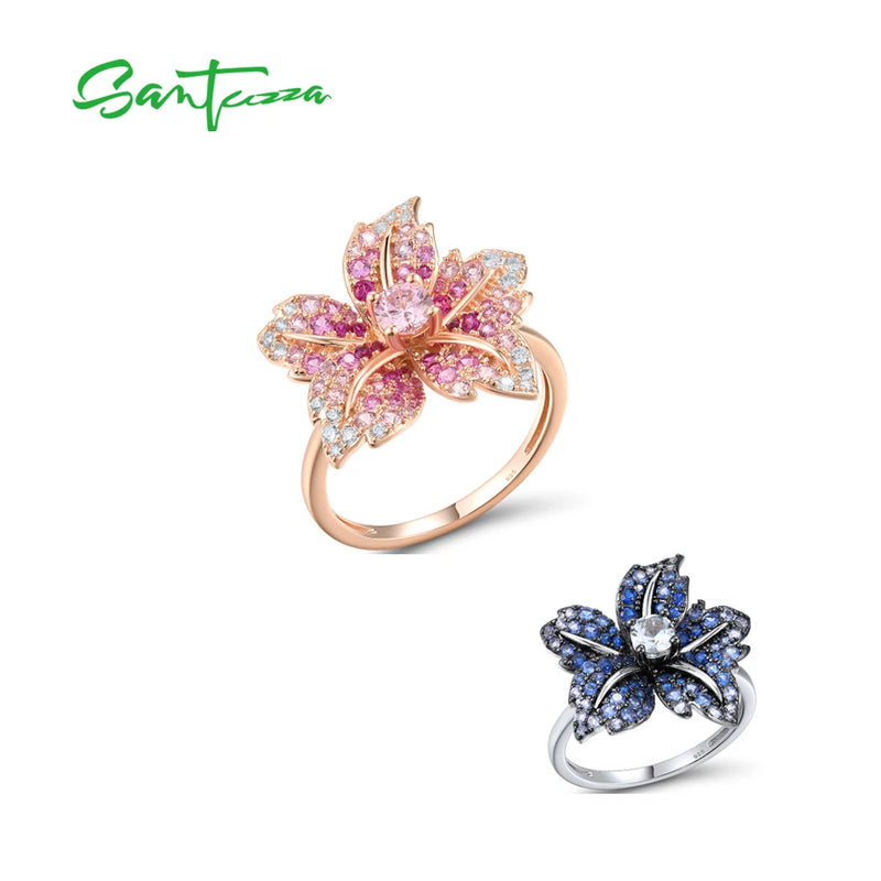 Sterling Silver Blue Pink Stone & CZ Lily Floral Ring for Women