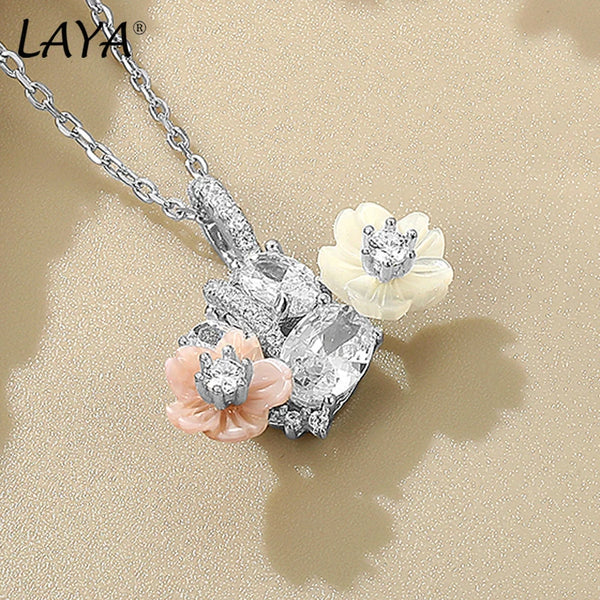 925 Sterling Silver White Pink Shell Flower Zircon Necklace for Women