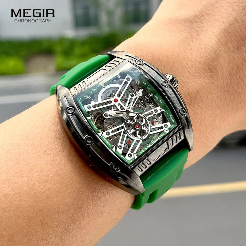 Stainless steel Green Silicone strap Automatic Waterproof Mechanical Tonneau Dial Watch. for Men