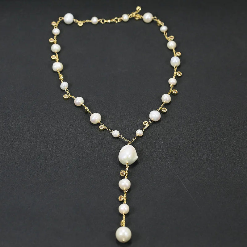 Yellow Gold Plated Freshwater Cultured White Keshi Pearl Round Pendant Necklace for Women