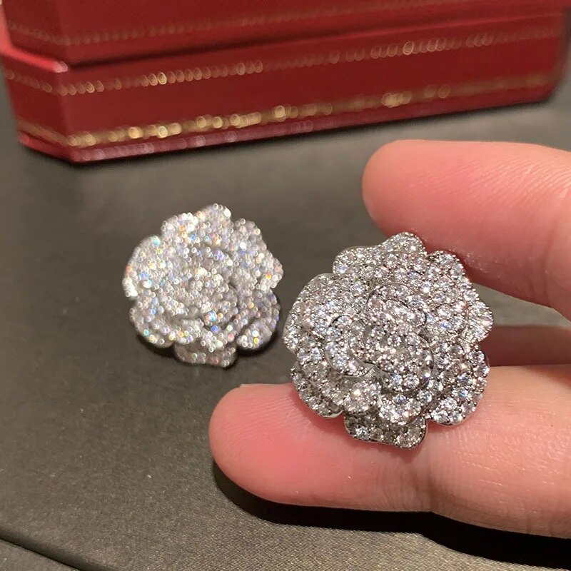 925 Silver Cubic Zirconia Camellia Flower Stud Earrings for Women