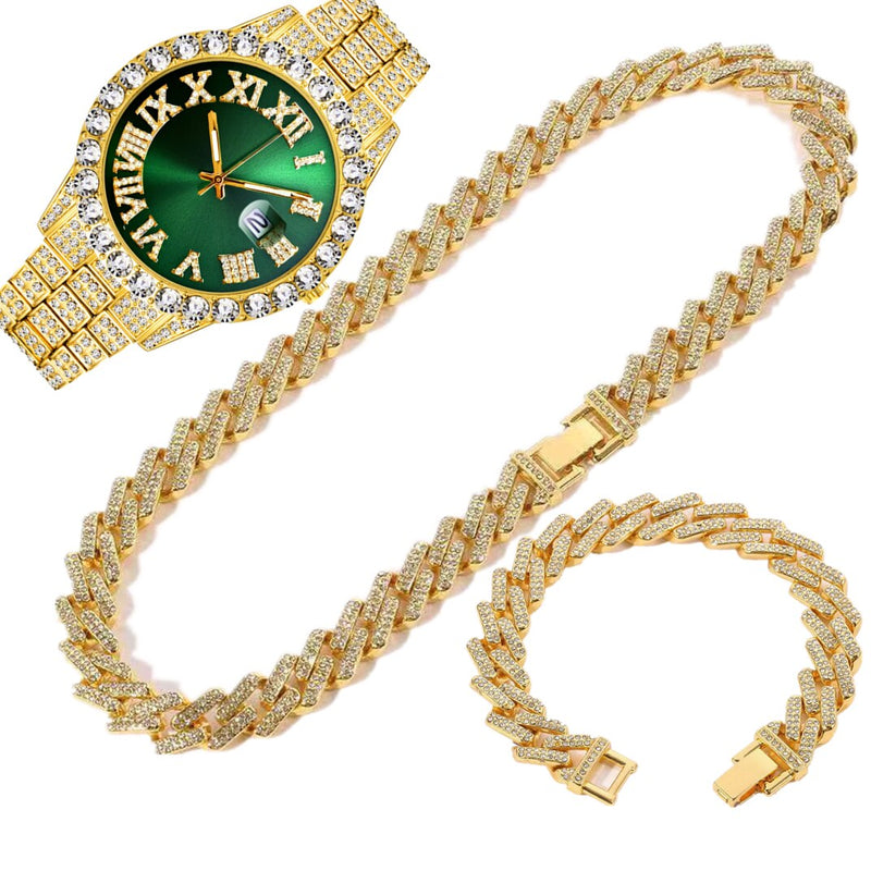 Gold Iced Out Watch with Cuban Chain Bracelet, Initial Necklace and Choker for Men