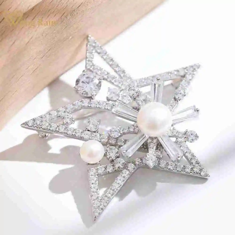 Sterling Silver Freshwater Pearl White Sapphire Diamond Star Brooch for Women