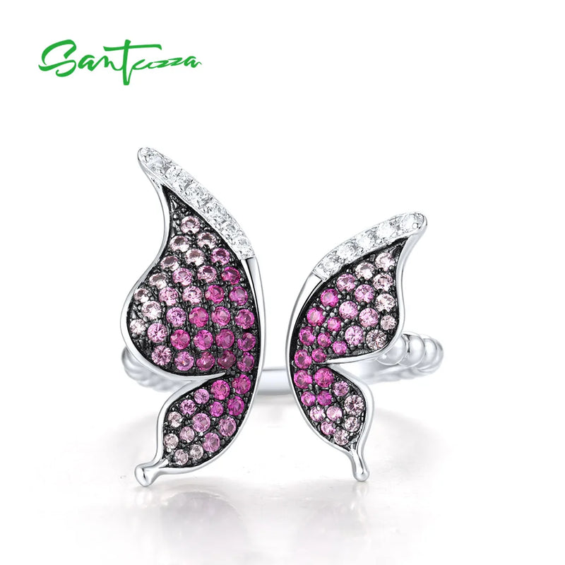 Sterling Silver Ring with Simulated Pink Sapphire and Ruby, Butterfly Design for Women