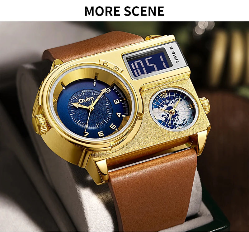 Luxury Dual Display Two Time Zone Quartz Watch for Men's Big Wrist with Genuine Leather Band