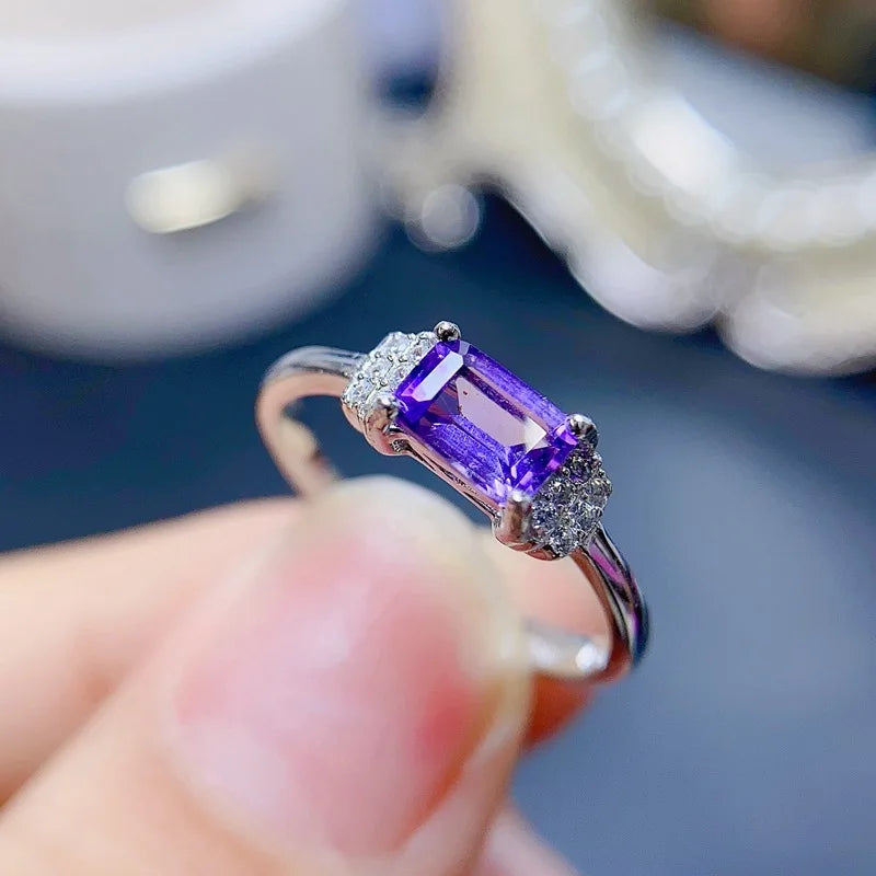 925 Silver Natural Amethyst Square Ring (4x6mm), for Women