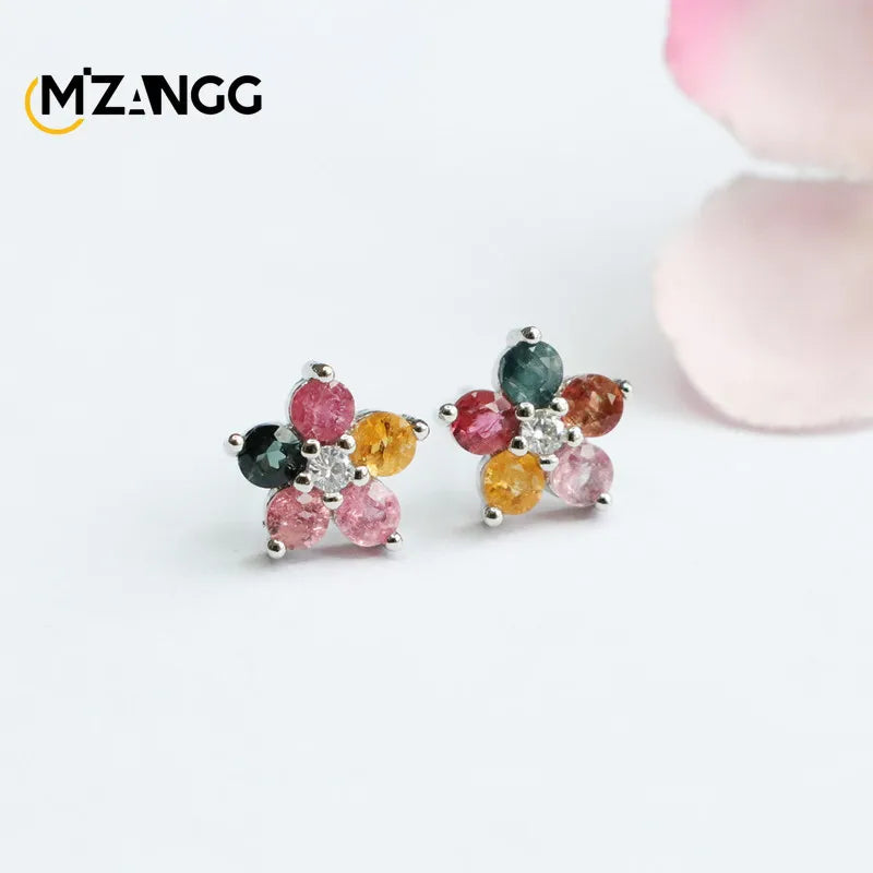 Sterling Silver Tourmaline and Jade Floral Earrings for Women