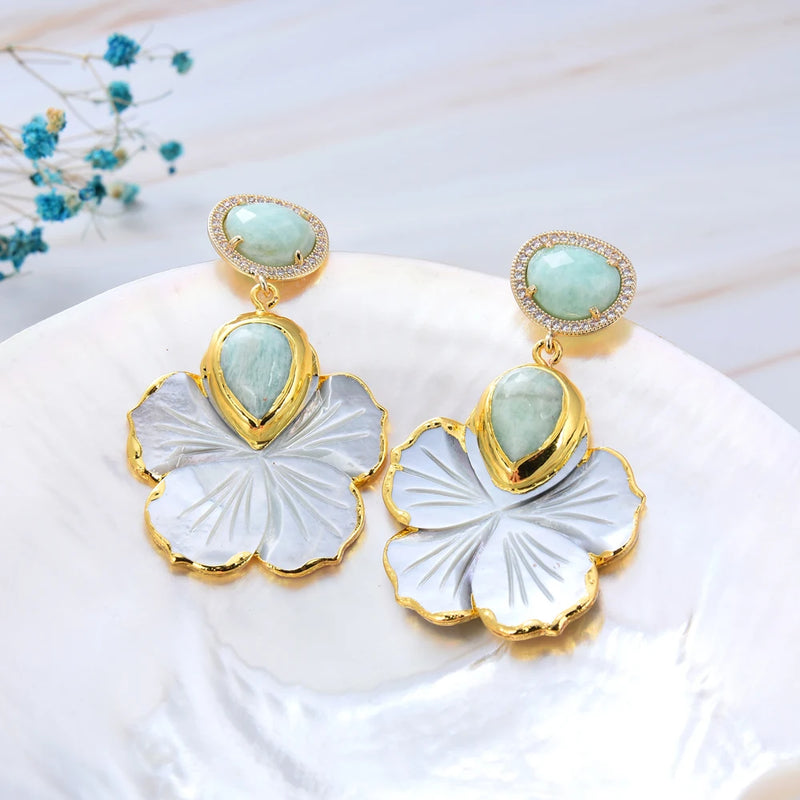 Sterling Silver Natural White Shell Mother of Pearl ~0.25 ctw Carved Flower Amazonite CZ Paved Stud Earrings for Women