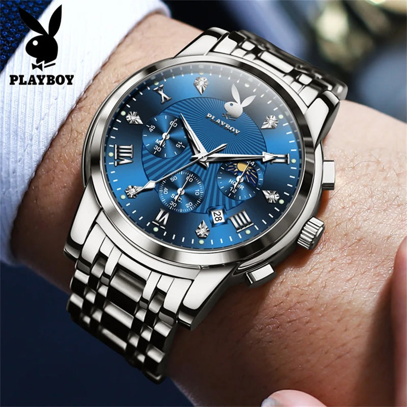 Stainless steel Leather Multifunction Quartz Wrist Watch for Men