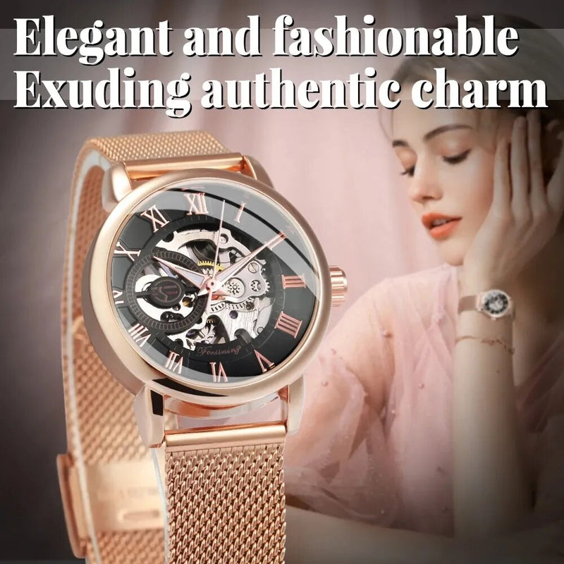 Rose Gold Skeleton Mechanical Watch for Women