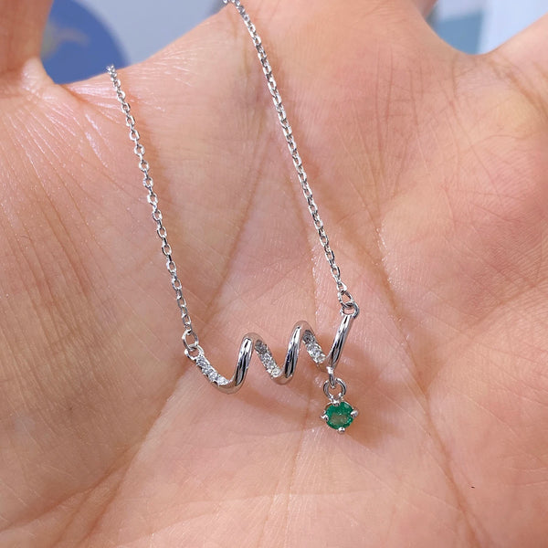 925 Sterling Silver Natural Emerald CZ Curved Pendant Necklace for Women