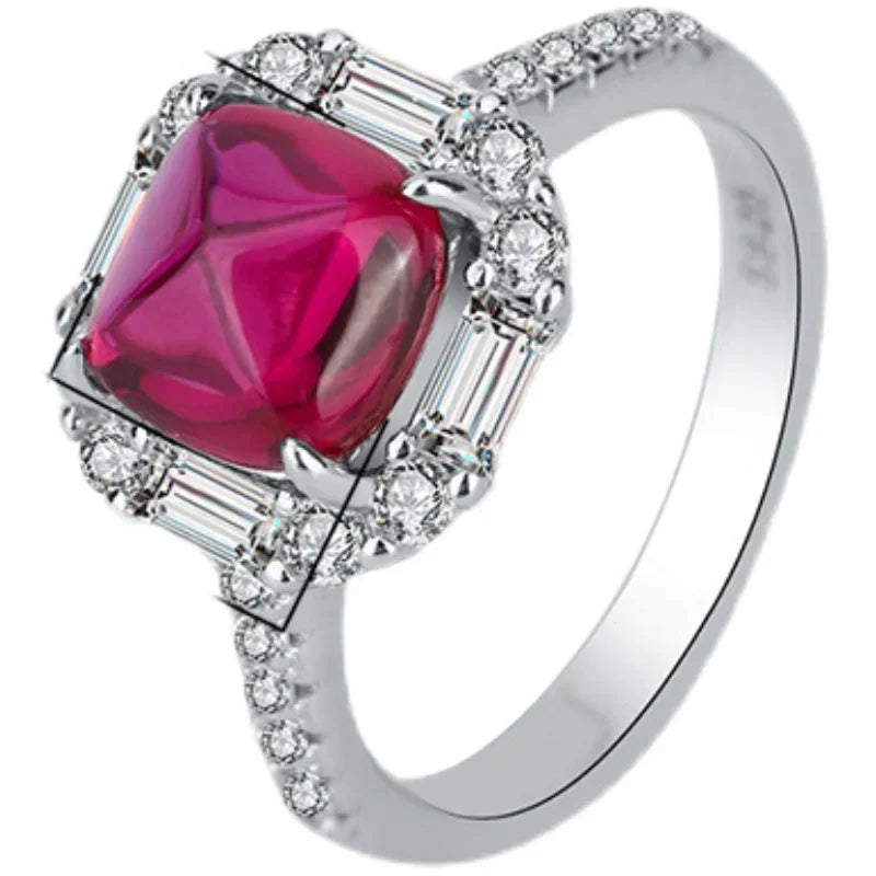 S925 Silver 3 Carat Sugar Tower Ruby and Diamond Ring for Women