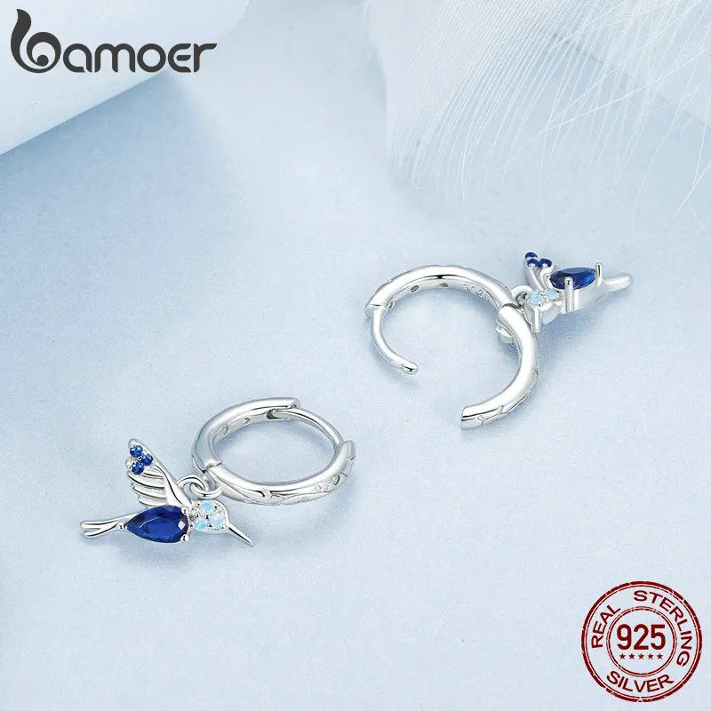 Sterling Silver Blue Opal Hummingbird Hoop Earrings for Women