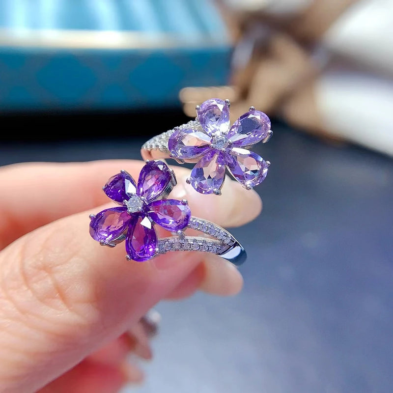 925 Sterling Silver Amethyst Flower Ring for Women