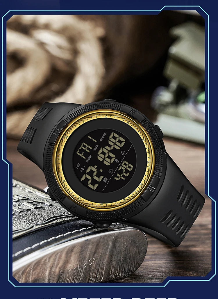 Stainless Steel Digital Sports Watch with Step Counting and Alarm for Men.