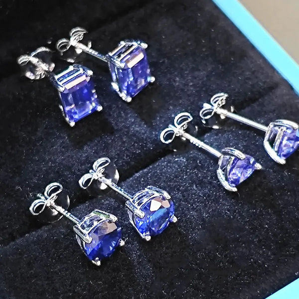 925 Sterling Silver Tanzanite Blue Stud Earrings with 5A Zircon for Women