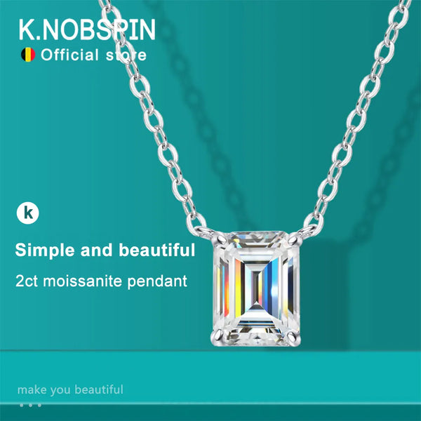 Sterling Silver 6x8mm 2ct Emerald Cut Moissanite Pendant Necklace for Women