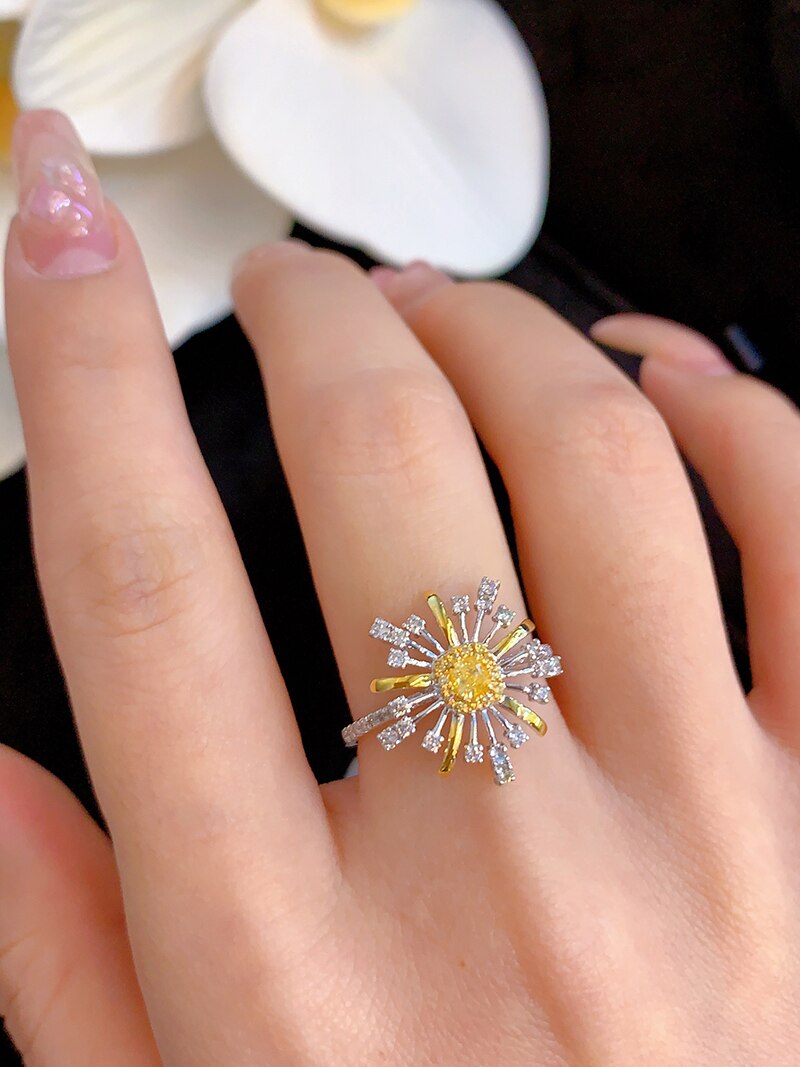 18K White Gold 1.00ct Natural Yellow Diamond Flower Shape Ring for Women