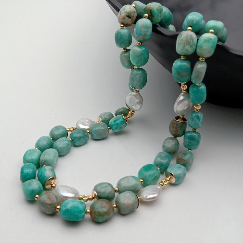 Sterling Silver Freshwater Cultured White Coin Pearl & Green Amazonite Necklace for Women