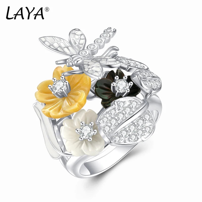 Sterling Silver Black Yellow Shell Flower Ring with White Zircon for Women