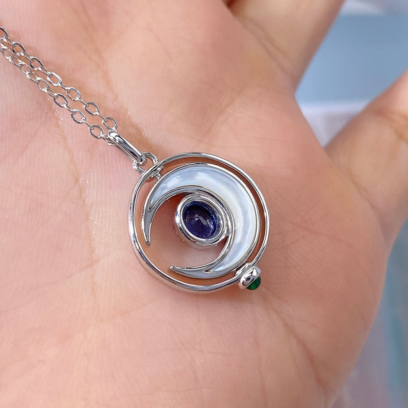 Sterling Silver Sapphire Moon Pendant Necklace for Women