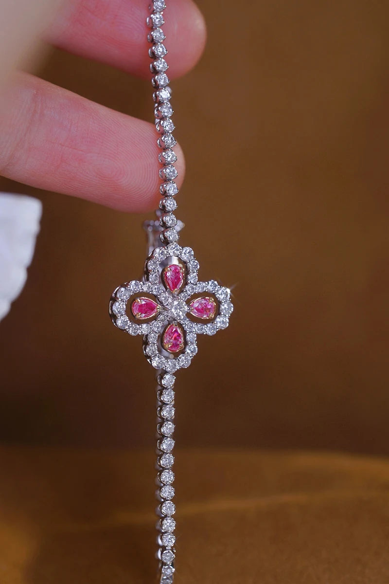 18K White Gold White & Pink Diamond Clover Bracelet for Women