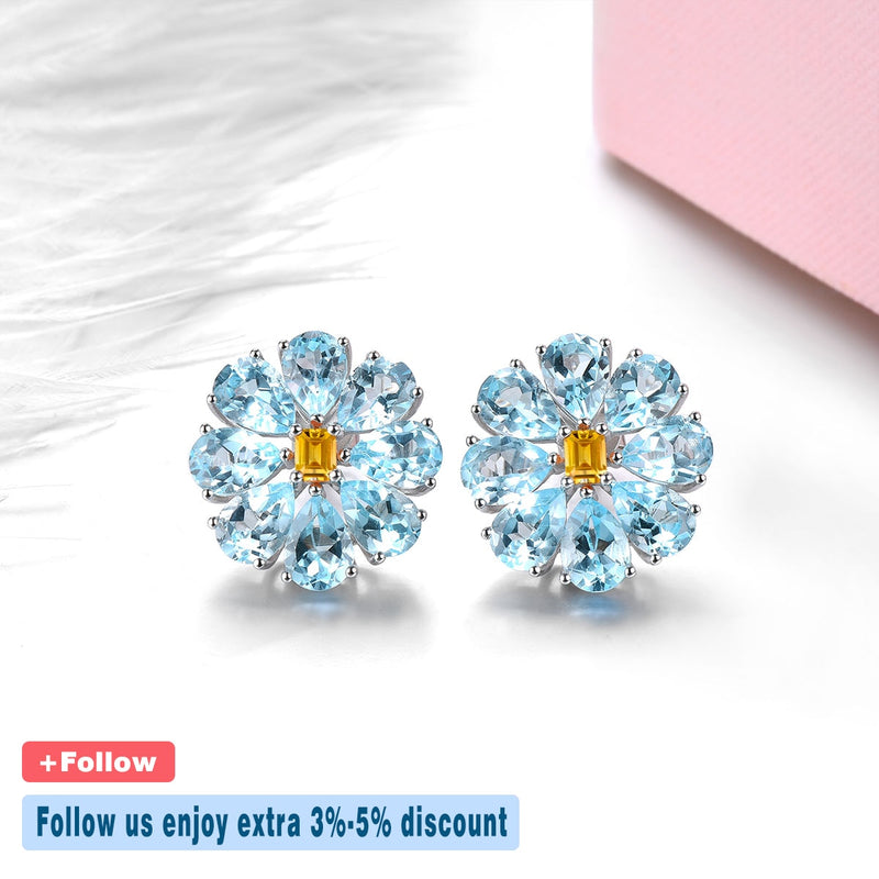 Sterling Silver Sky Blue Topaz Citrine Stud Earrings 13.5 ctw for Women
