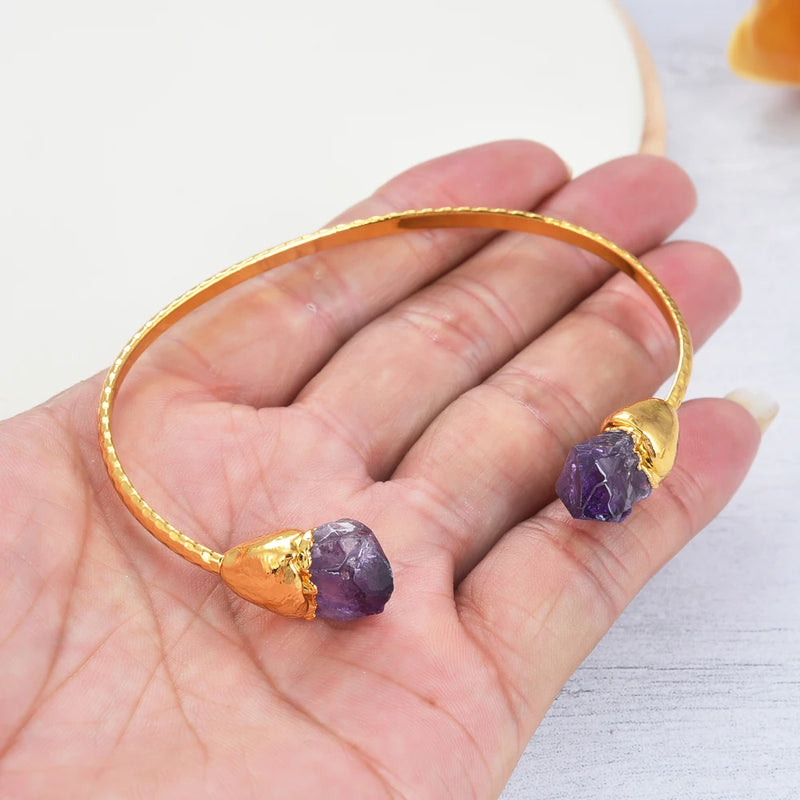 Gold Plated Natural Purple Amethyst Raw Bangle Bracelet for Lady