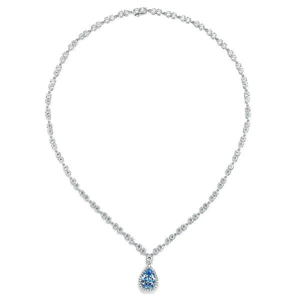 925 Sterling Silver Pear Cut Aquamarine High Carbon Diamonds Gemstone Flower Necklace