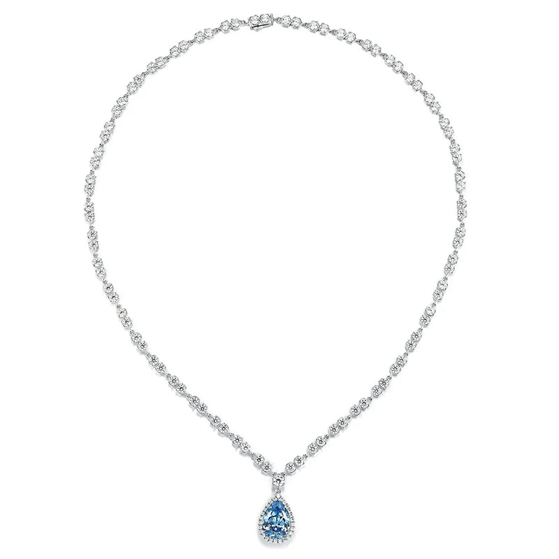 925 Sterling Silver Pear Cut Aquamarine High Carbon Diamonds Gemstone Flower Necklace