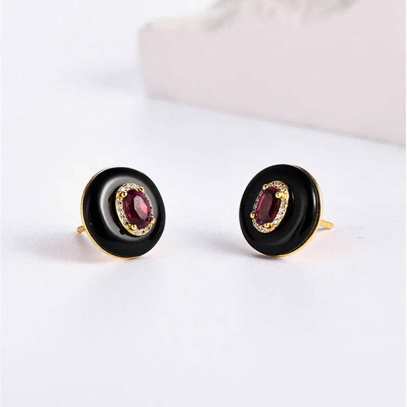 925 Sterling Silver Black Agate & Red Garnet Stud Earrings for Women