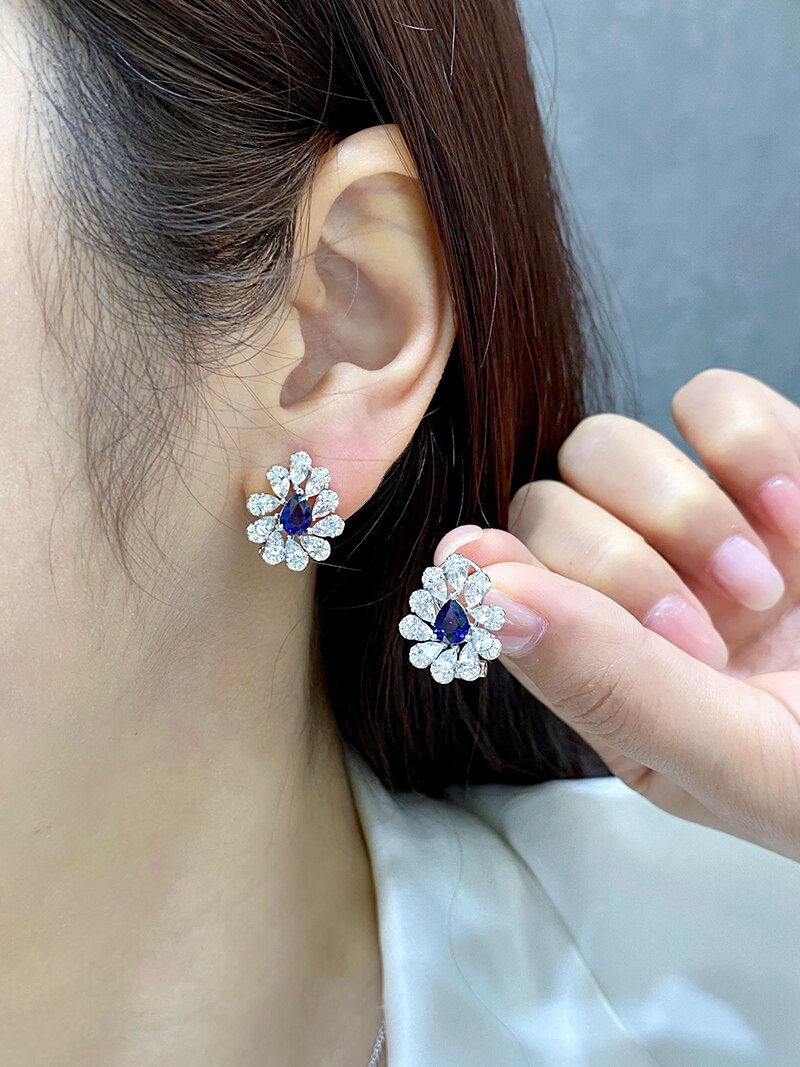 18K White Gold Blue Sapphire Flower Earrings for Women