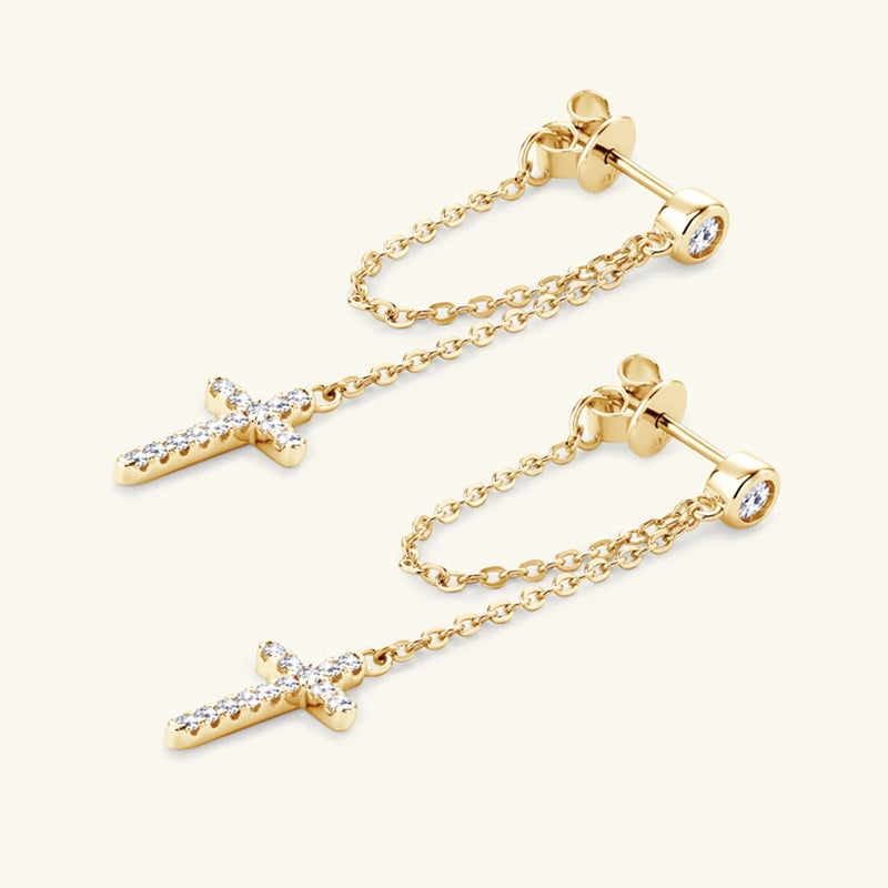 18K Gold Plated Sterling Silver VVS1 3EX Real Moissanite Cross Earrings for Women