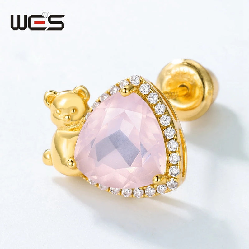 925 Sterling Silver Rose Quartz Cartoon Bear Stud Earrings for Women